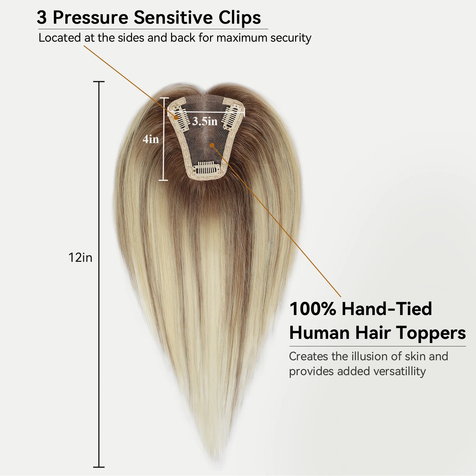 100% Remy Human Hair Toppers Ombre Light Brown Blonde Middle Part Human Hair Pieces for Women with Thinning Hair Clip in Toppers