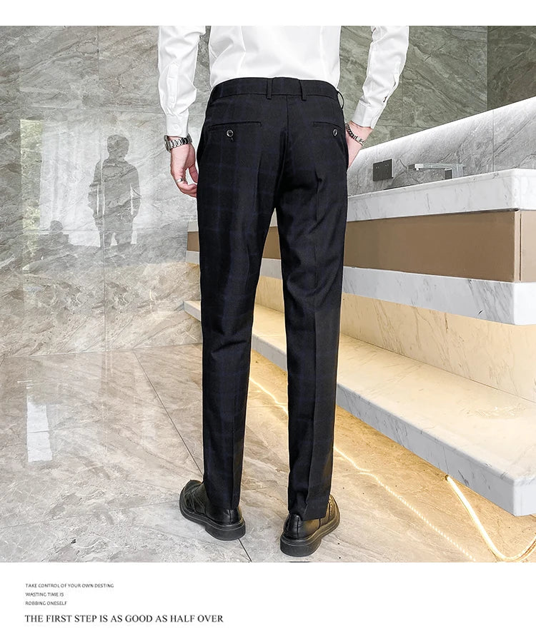 2025 New Burgundy Navy Plaid Casual Suit Pants for Men, Beige/Blue Vertical Stripe Non-Iron Slim Small Leg Work Trousers Men