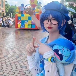 Synthetic Blue Sadness Wig【+Wig Cap+Glasses】Short Blue Bob Wigs Cosplay Wig Women Straight Blue Wig Costume Outfit Halloween