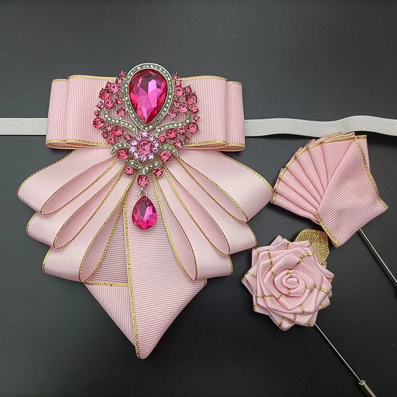 Vintage British Banquet Suit Shirt Collar Flowers Luxury French Men's Jewelry Bow Chest Clip 3-piece Set Wedding Bows Brooch Set