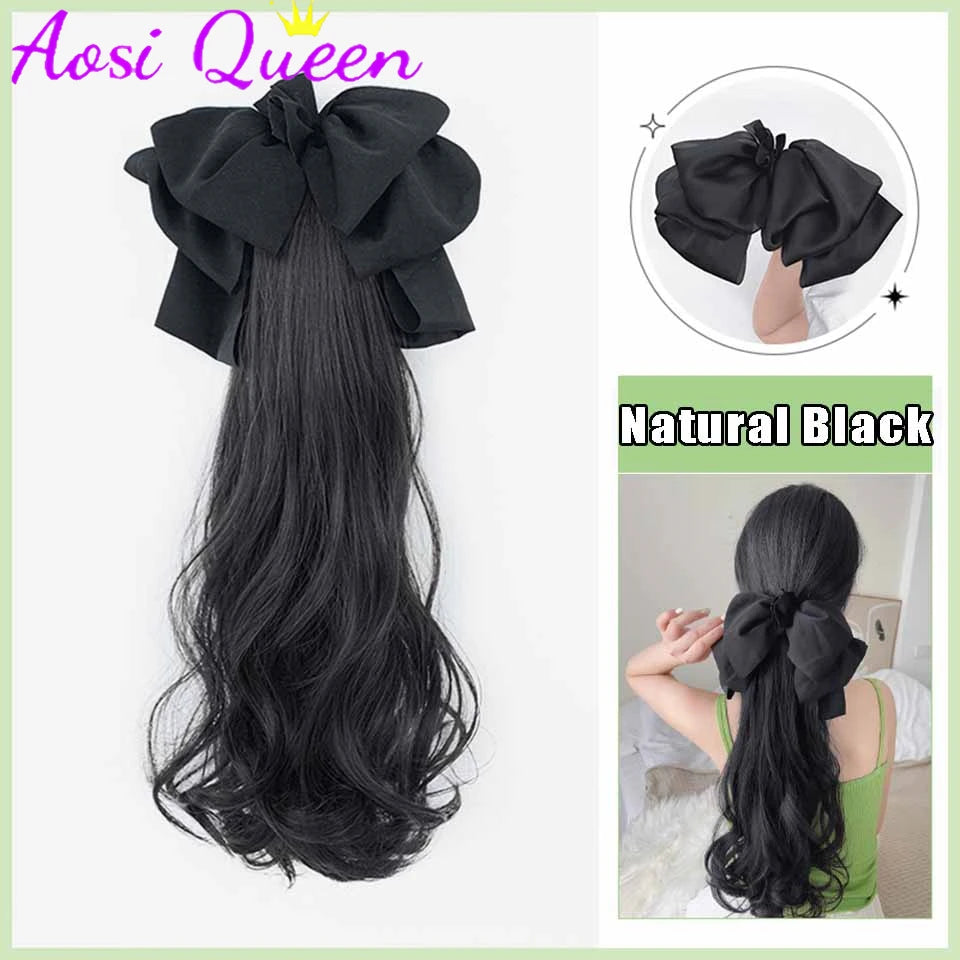 AOSI Synthetic Bow Wig Ponytail Female Clamping Style Long Straight Hair High Ponytail Long Hair Braided Straight Ponytail