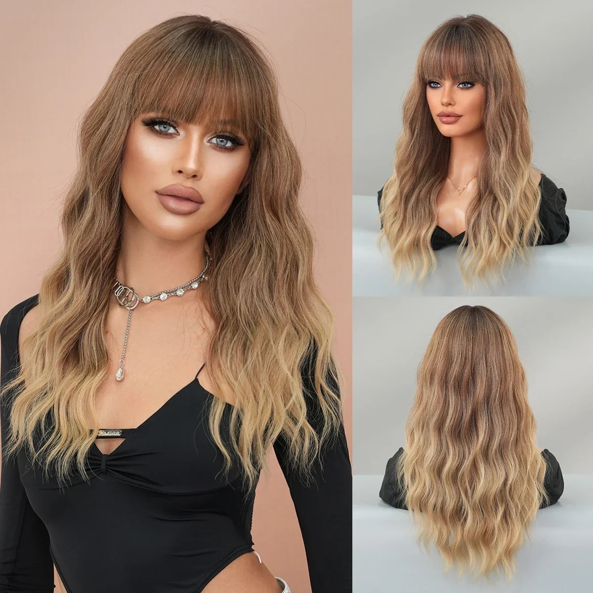7JHH WIGS Synthetic Loose Wave Brown Wig with Dark Roots High Density Body Wavy Hair Wigs for Women Party Halloween Costume Wigs