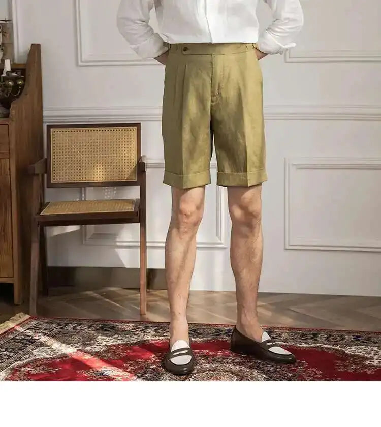 100% Linen Summer Straight Naples Shorts Men Solid Color Business Dress Pants Office Social Casual Slim Fit Shorts
