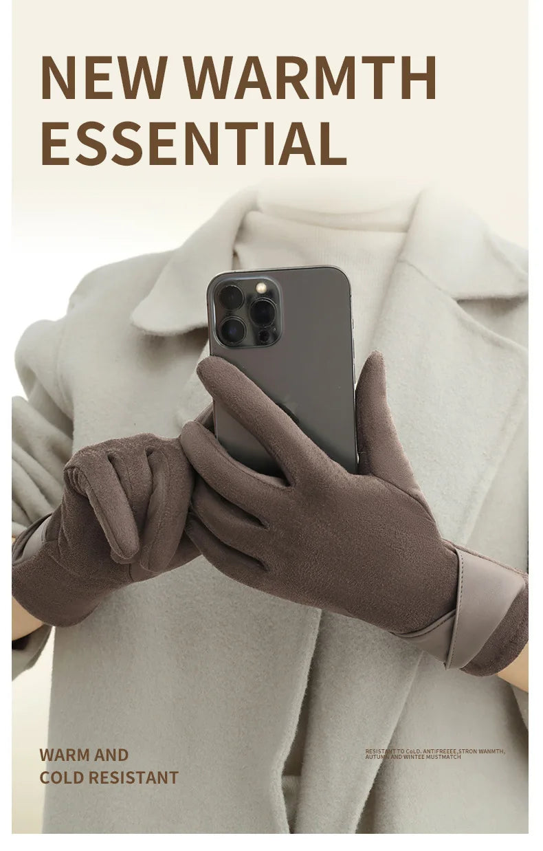 New Suede Gloves for Women Winter Plus Velvet Warm Commercial Style Temperament Bow Touch Screen Riding Driving