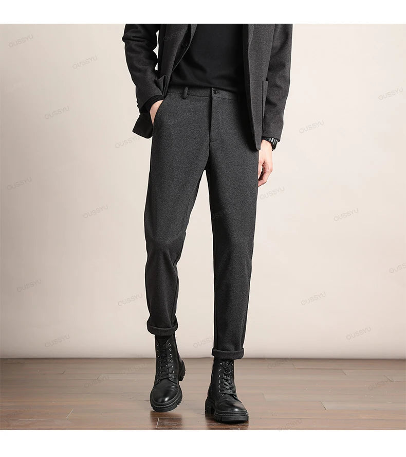 Brand Clothing Autumn Winter Luxury Suit Pants Men Thick Business Elastic Waist Woolen Ankle Pant Korean Formal Long Trousers