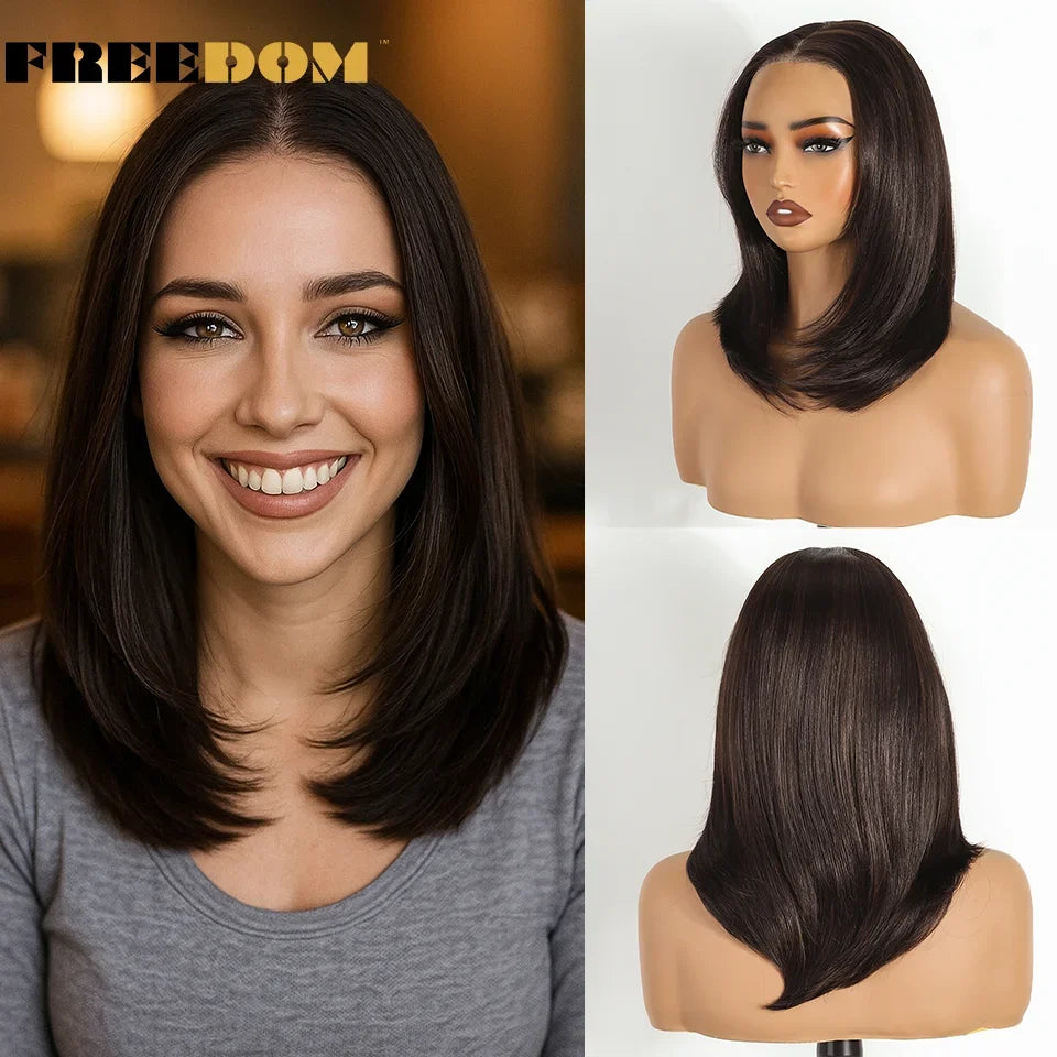 FREEDOM Layered Straight Synthetic Lace Front Wigs For Women Short Bob 6x4 Wear And Go Glueless Wig Ombre Brown Pre Plucked Wigs