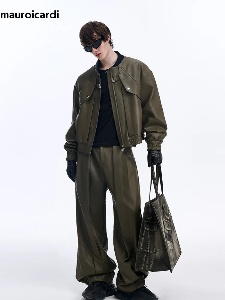 Mauroicardi Spring Autumn Cool Handsome Pu Leather Bomerb Jacket Men Zipper Runway European Fashion Luxury Designer Clothes 2025