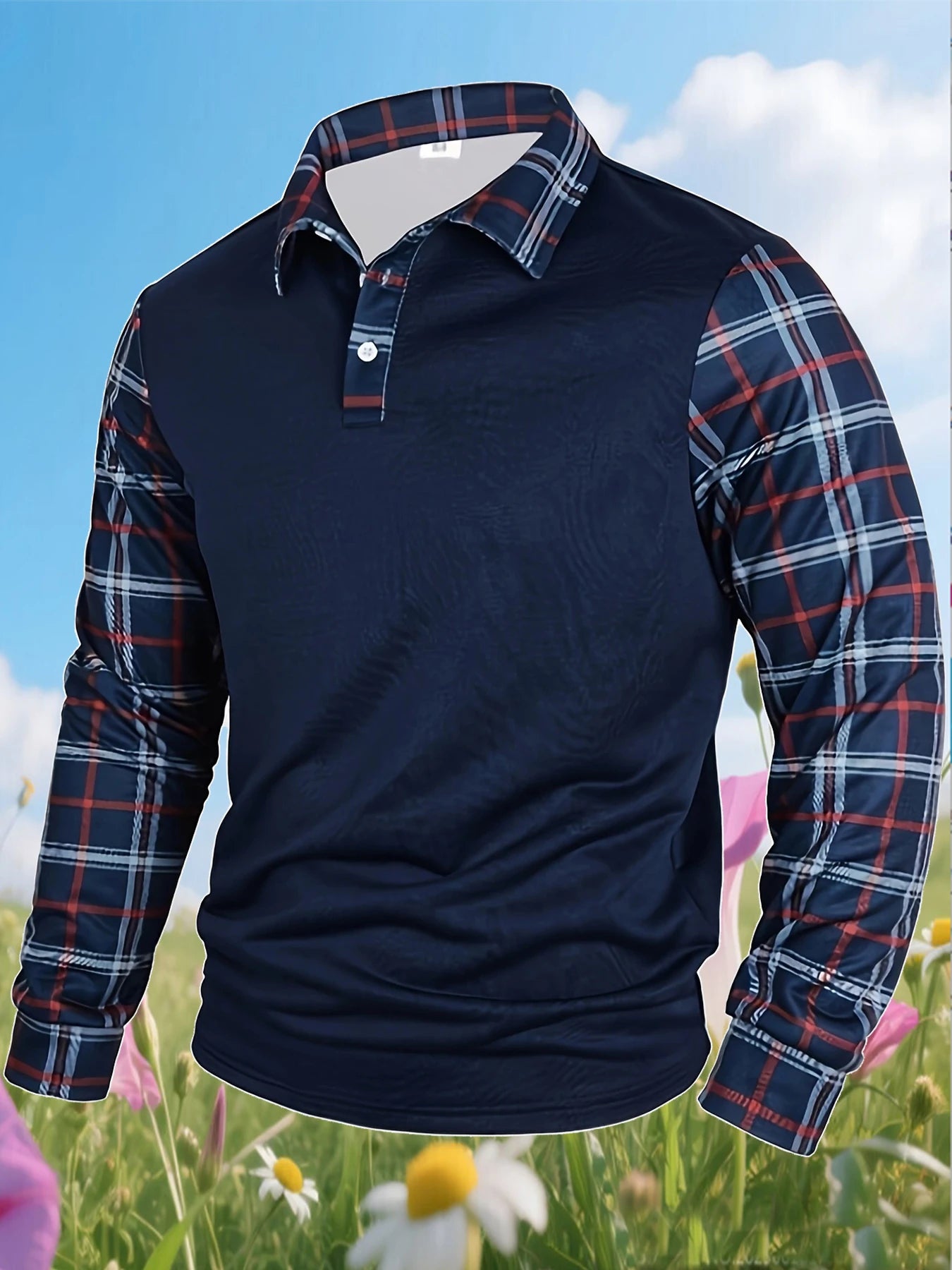 Men's casual color blocked shirt long sleeved polo shirt lapel pullove  checkered T-shirt simple retro men's clothing