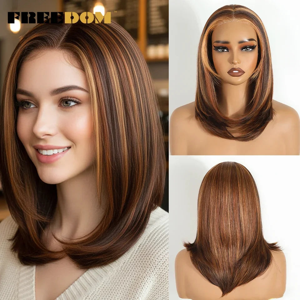 FREEDOM Layered Straight Synthetic Lace Front Wigs For Women Short Bob 6x4 Wear And Go Glueless Wig Ombre Brown Pre Plucked Wigs