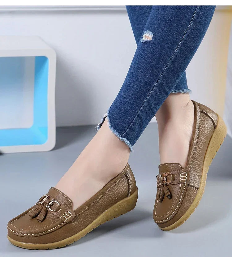 Spring Summer Breathable Casual Loafers For Women Platform Leather Comfort Wedge Moccasins Ladies Vulcanized Sneakers 44