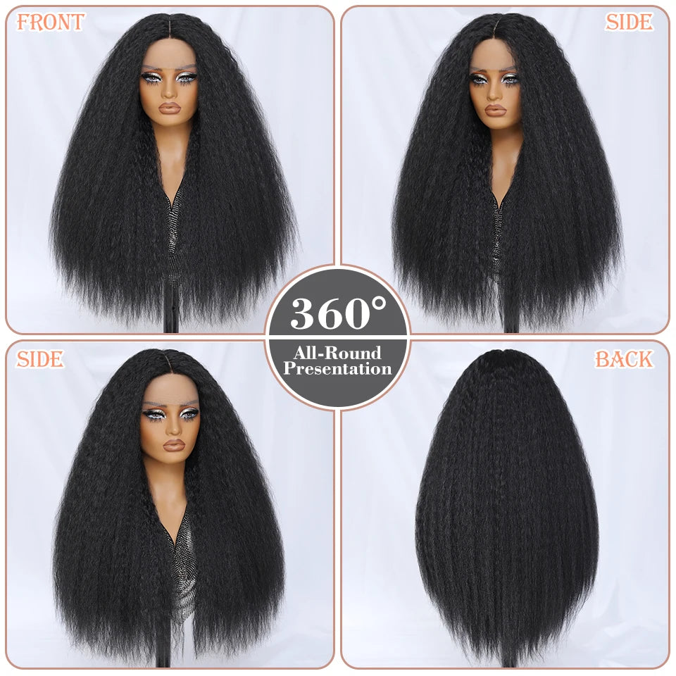 Kinky Straight Lace Front Wig T-Part 28Inch Synthetic 13x5x1 Long Lace Wigs Afro Yaki Straight Wigs Ombre Brown For Black Women