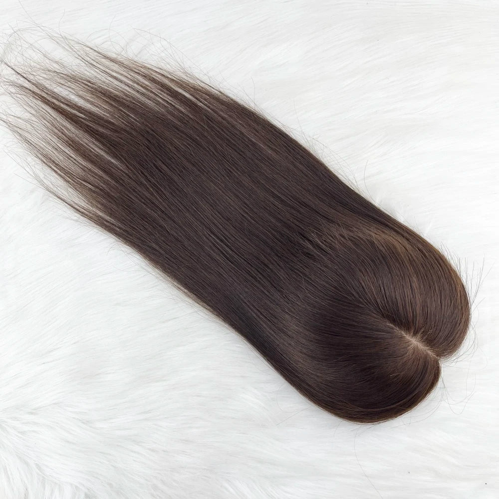 11x13cm Dark Brown Human Hair Topper Silk Base Hand Tied Silk Top Toupee Breathable Remy Hair Piece with Clips in for Women