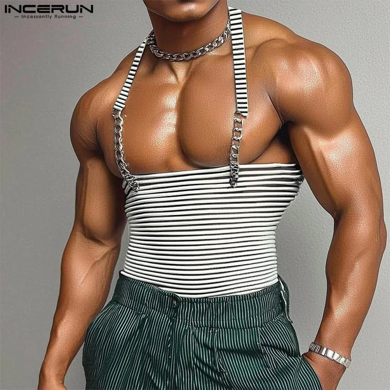 INCERUN Tops 2025 American Style Fashion New Men Striped Metal Strip Hanging Neck Vests Summer Sexy Casual Personality Tank Tops