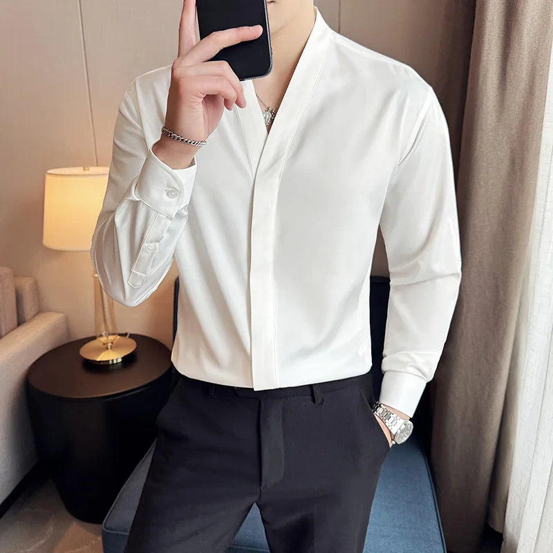 High Quality Collarless Shirts Men Fashion Slim Fit Long Sleeve Casual Shirts Business Office Social Formal Shirt Men Clothig