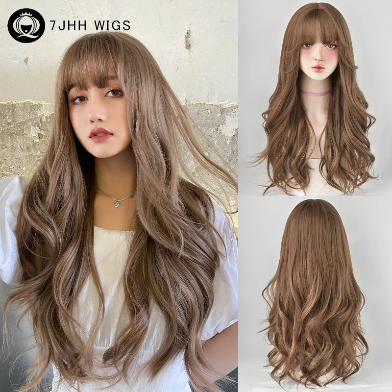 7JHH WIGS Loose Body Wavy Brown Hair Wigs with Neat Bangs High Density Synthetic Fashion Wave Wig for Women Natural Looking