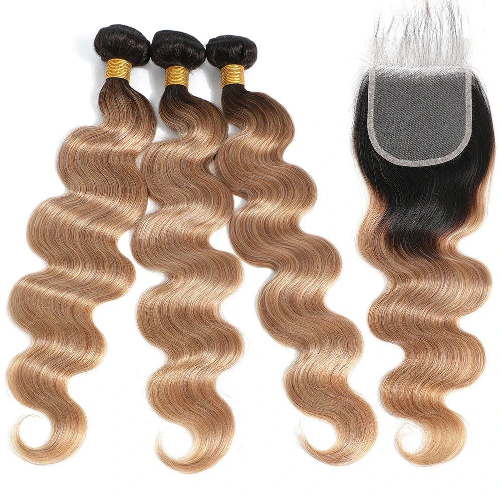 Ombre Color Body Wave Human Hair Bundles with closure Brazilian human hair 1b/4/27 Hair Weave Bundles human Hair Extension 4x4