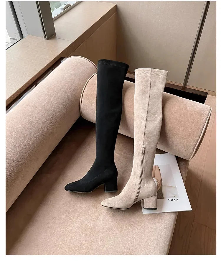 Elastic Long Faux Suede Boots Woman Over-the-knee Boots Casual Black Platform Shoes for Women Autumn Ladies Bottes 2024