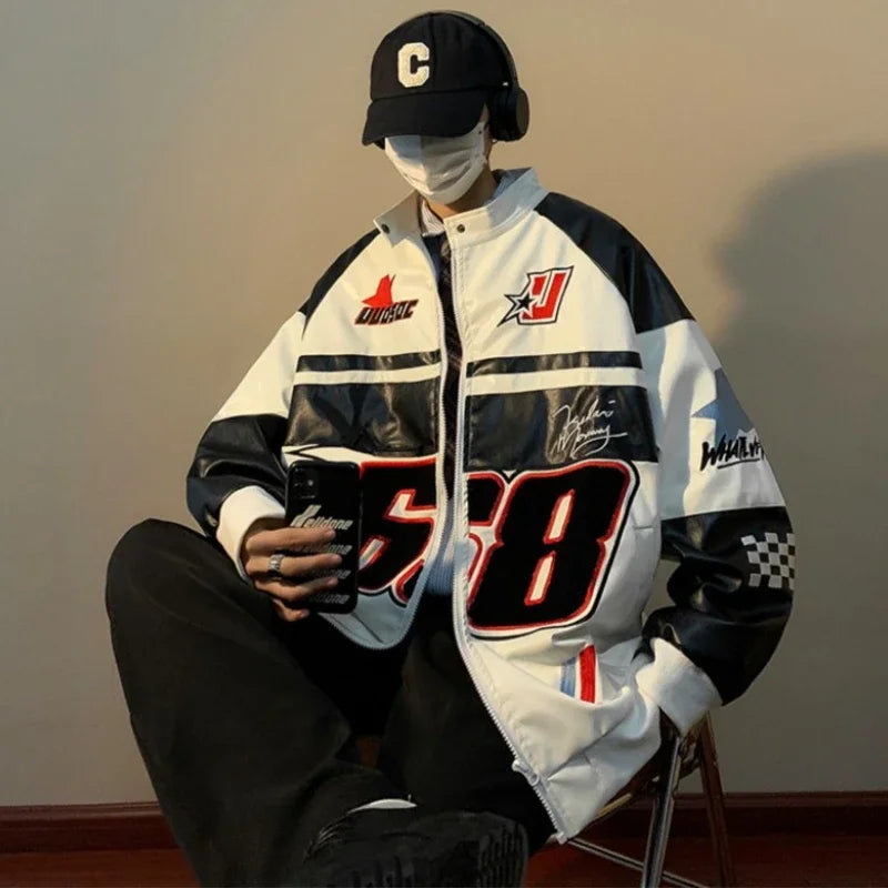 Gmiixder American Hip-hop Racing Coat Motorcycle Leather Jacket Men's Flocked Embroidery Loose Casual Windproof Punk Vibe Jacket