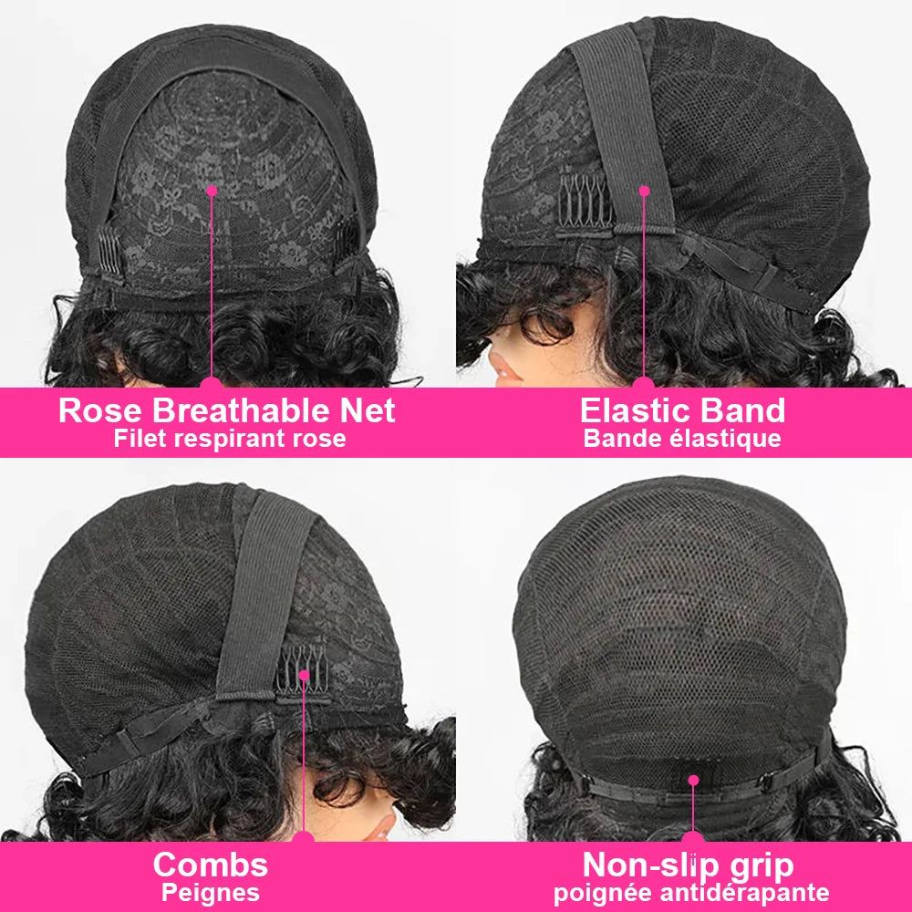 Ready to Wear Funmi Curly Full Machine Made Short Bob Wig with Bangs Glueless Loose Curly Vietnamese Human Hair Wigs for Women