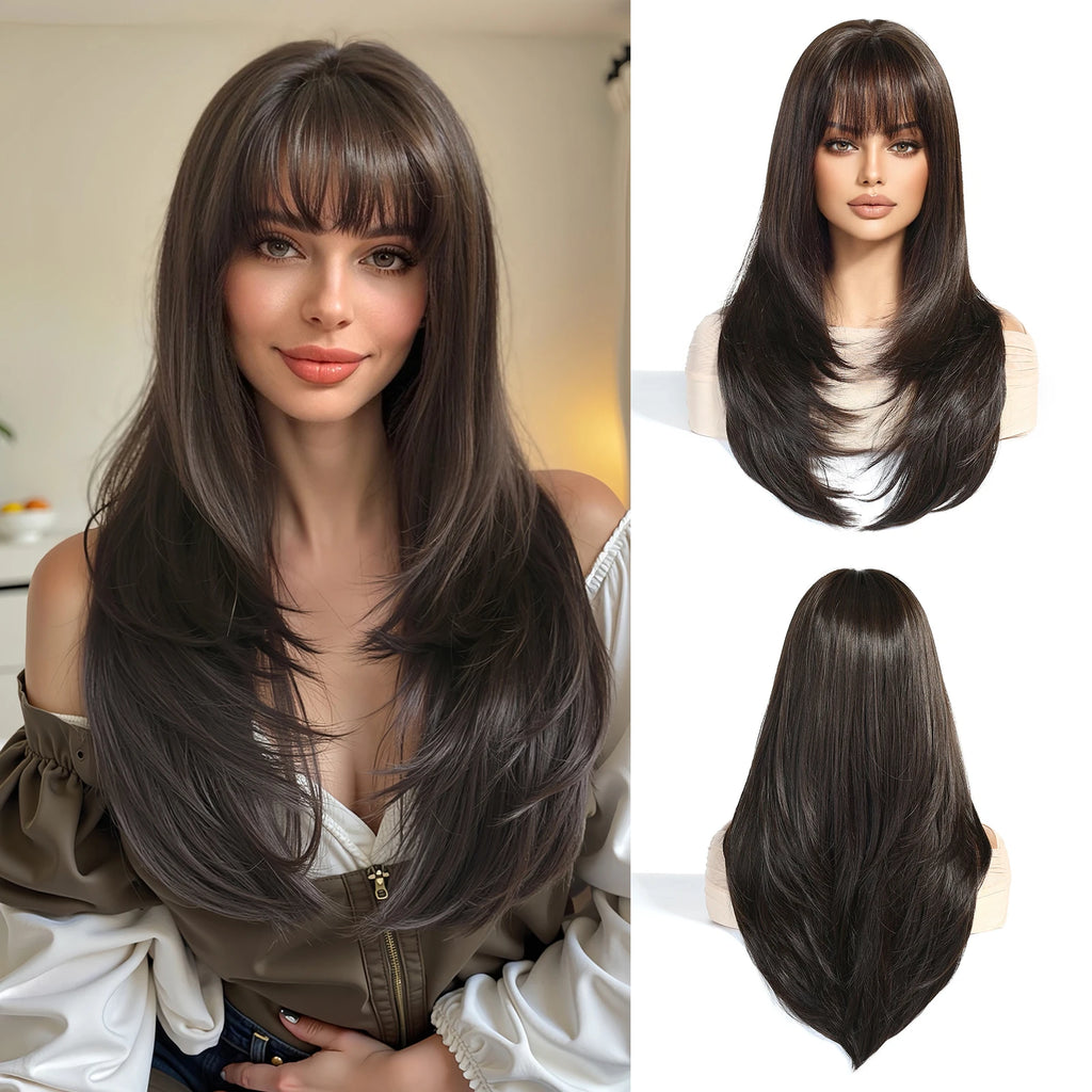 EASIHAIR Brown Straight Layered Wigs for Women Long Natural Hair Synthetic Wigs With Bangs Daily Use Party Heat Resistant Wigs