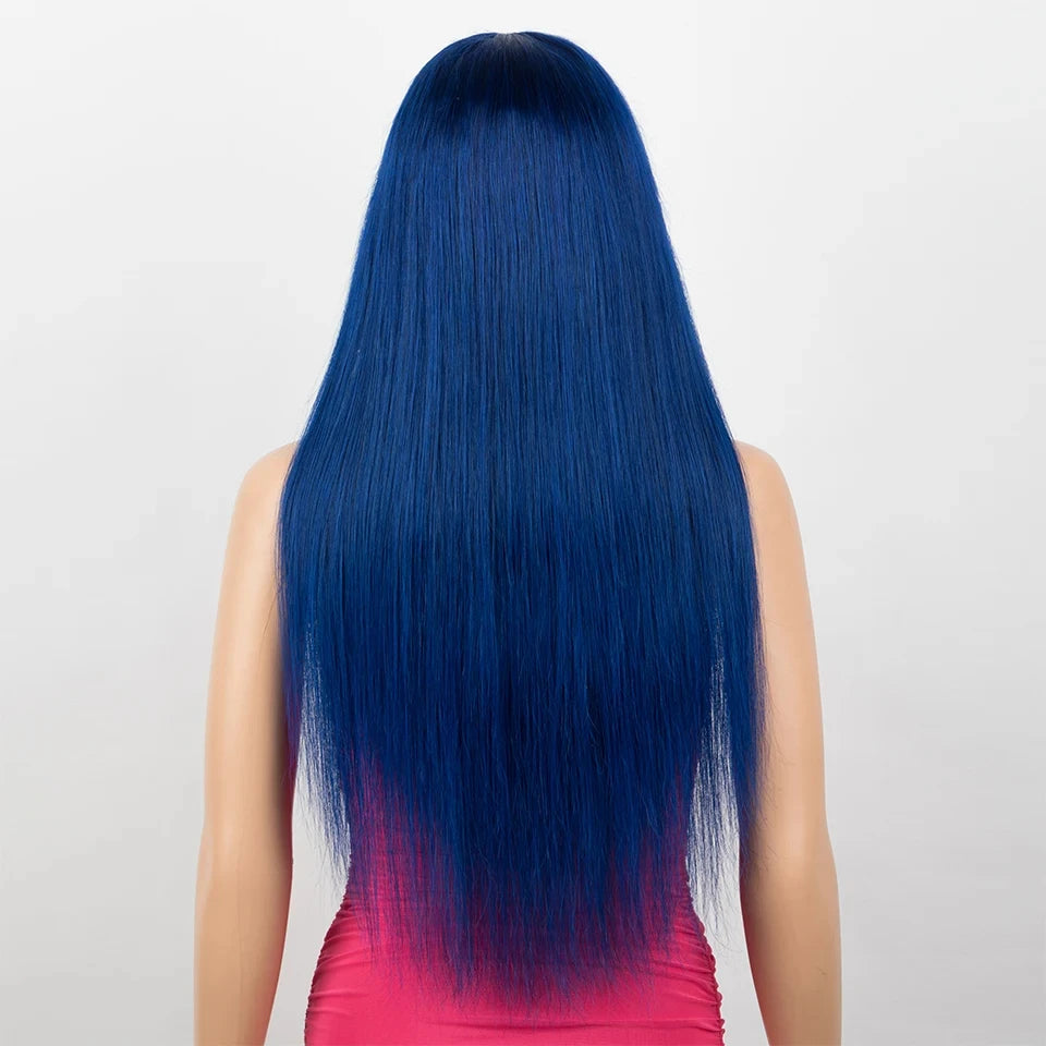 Brazilian Straight Human Hair Wig With Bangs Royal Blue Wear To Go Glueless 100% Remy Human Hair Wigs Full Machine Wig For Women