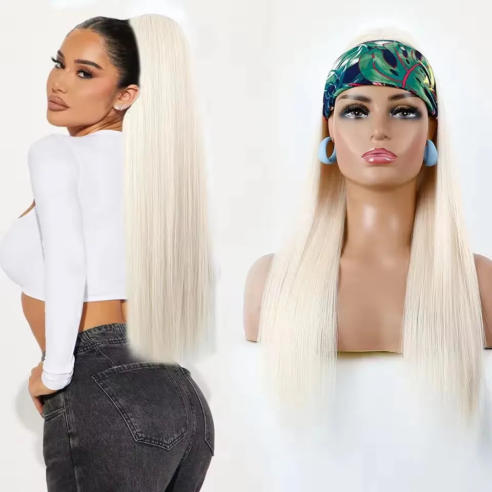 28Inch Straight Ponytail Blond Highlight 12/613 Ombre Brown Hair Extension With Clip 180Gram High Temperature Bio Synthetic Hair