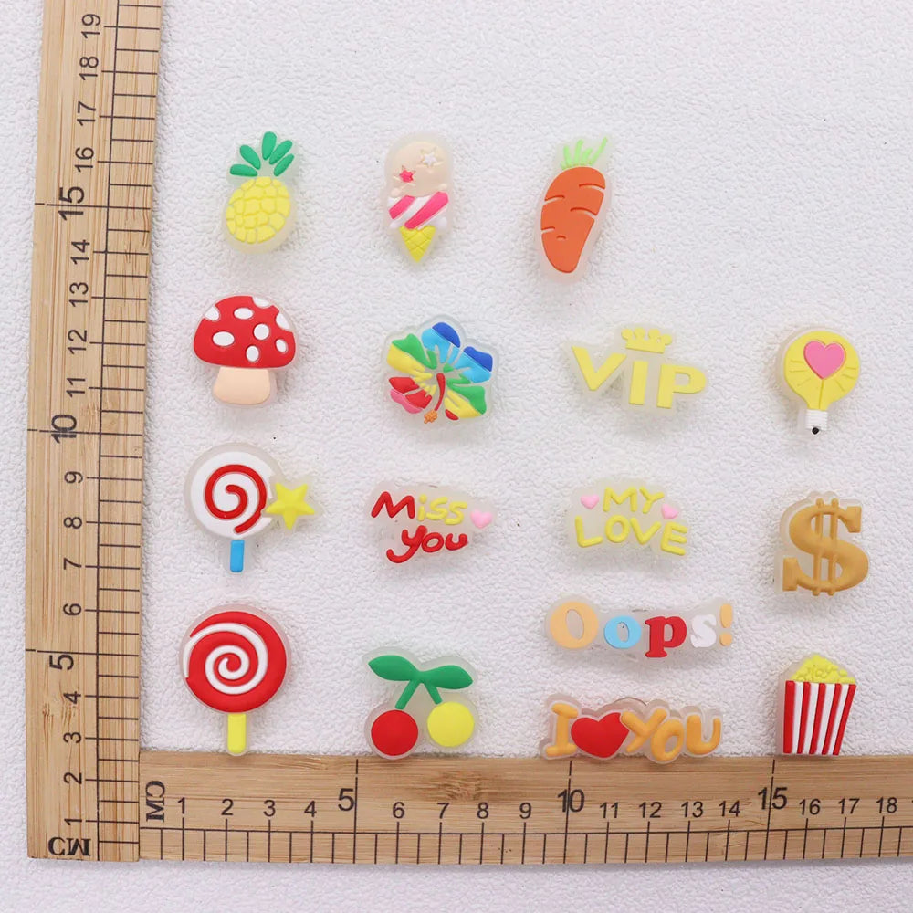 1-16Pcs My Love Lollipop Carrot Mushroom Luminous Sandals Shoe Buckle Charms Accessories DIY Kids Holiday Gift