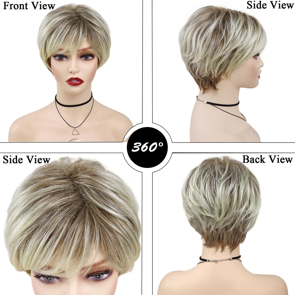 Old Lady Synthetic Hair Blonde Wig with Bangs Natural Short Wig for White Woman High Temperature Blond Ombre Mommy Wig for Daily