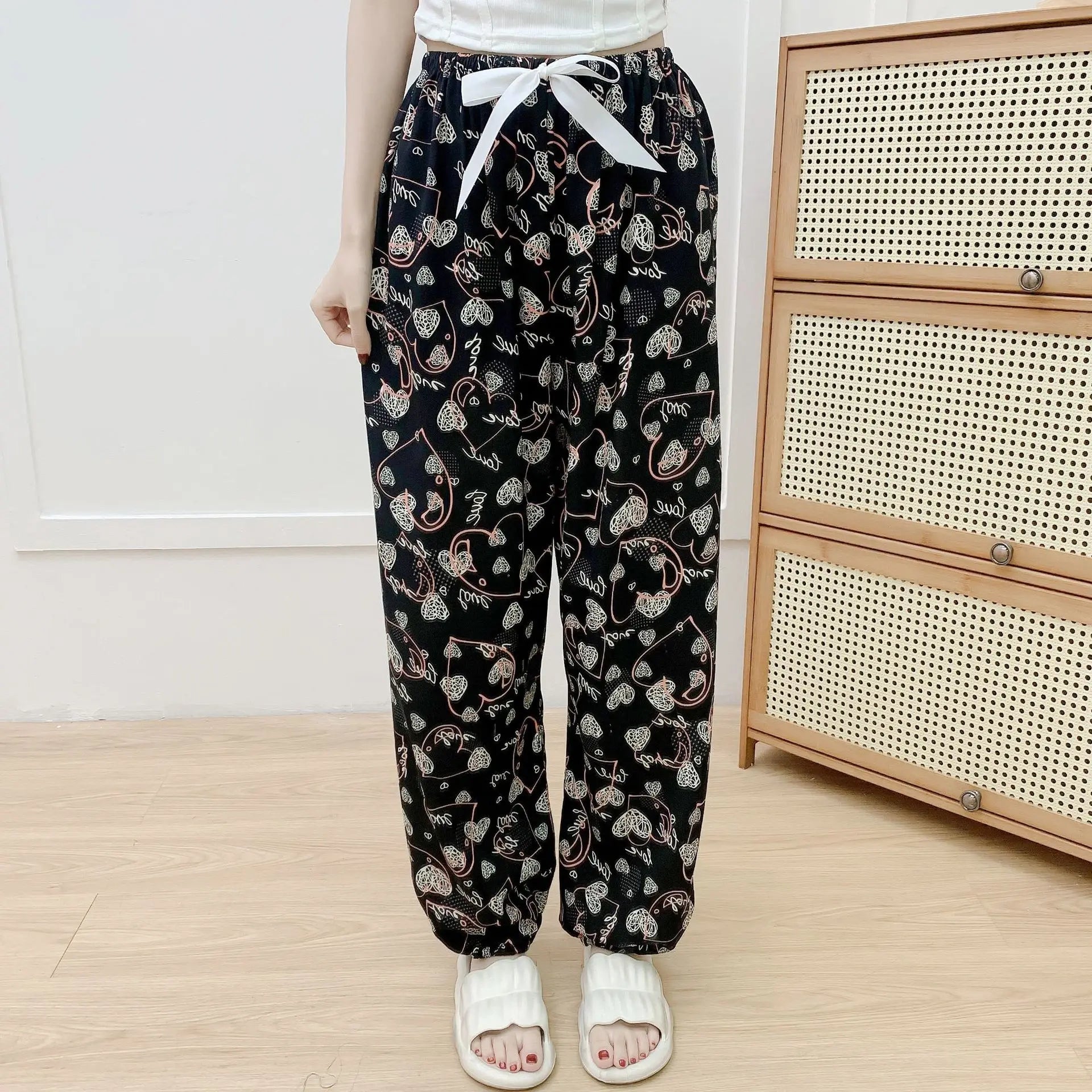 New Korean Style Pants Summer Cropped Trousers Women's Flower Home Clothes Loose Wide Leg Pants Casual Beach Outfits Sweatpants
