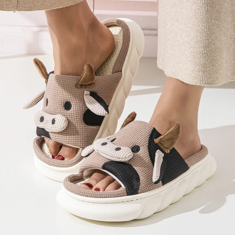 Gacimy Women's Cartoon Linen Slippers Comfortable Soft Thick Sole Indoor House Slippers Summer New Breathable Cute Linen Slides