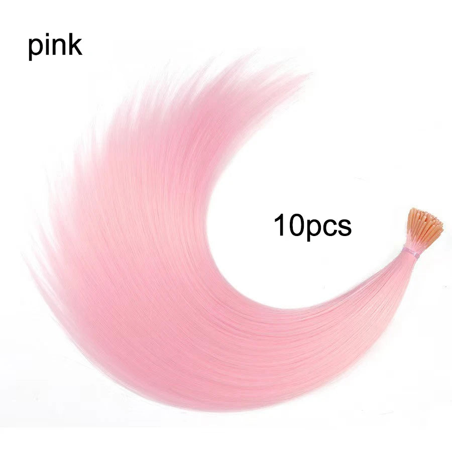 20" Rainbow Synthetic Hair Extensions Kit 10PCS Colored I-Tip Extensions with Micro Beads Hook Needle for Women Kids Cosplay
