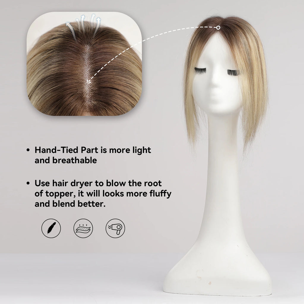 100% Remy Human Hair Toppers Ombre Light Brown Blonde Middle Part Human Hair Pieces for Women with Thinning Hair Clip in Toppers