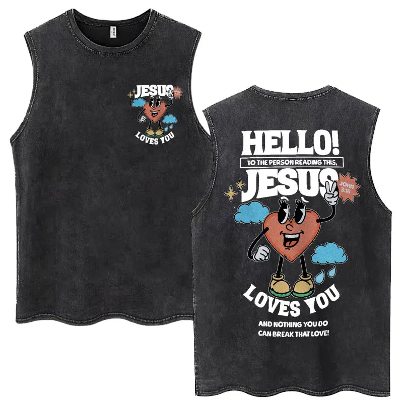 Christian Jesus Church Vintage Washed Tank Tops Bible Verse God Loves You Sleeveless T-shirt Men Women Cotton Loose Y2k T Shirts