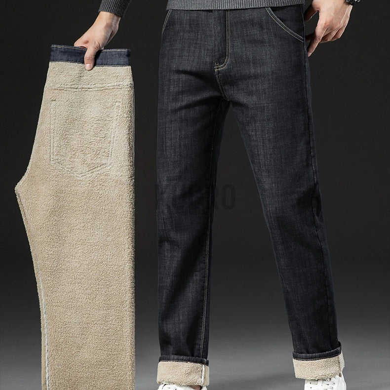 Winter Lamb Fluff Denim Straight Pants Men Thicken Big Size 40 Jeans High Waist Stretch Jeansy Fleece Lined Warm Slim