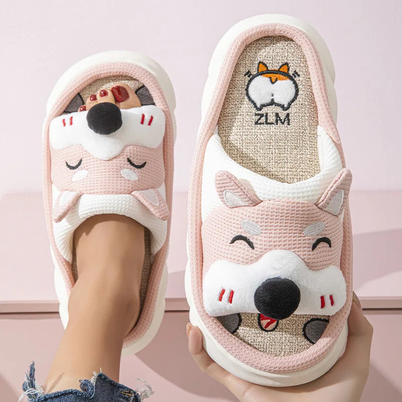 Gacimy Women's Cartoon Linen Slippers Comfortable Soft Thick Sole Indoor House Slippers Summer New Breathable Cute Linen Slides