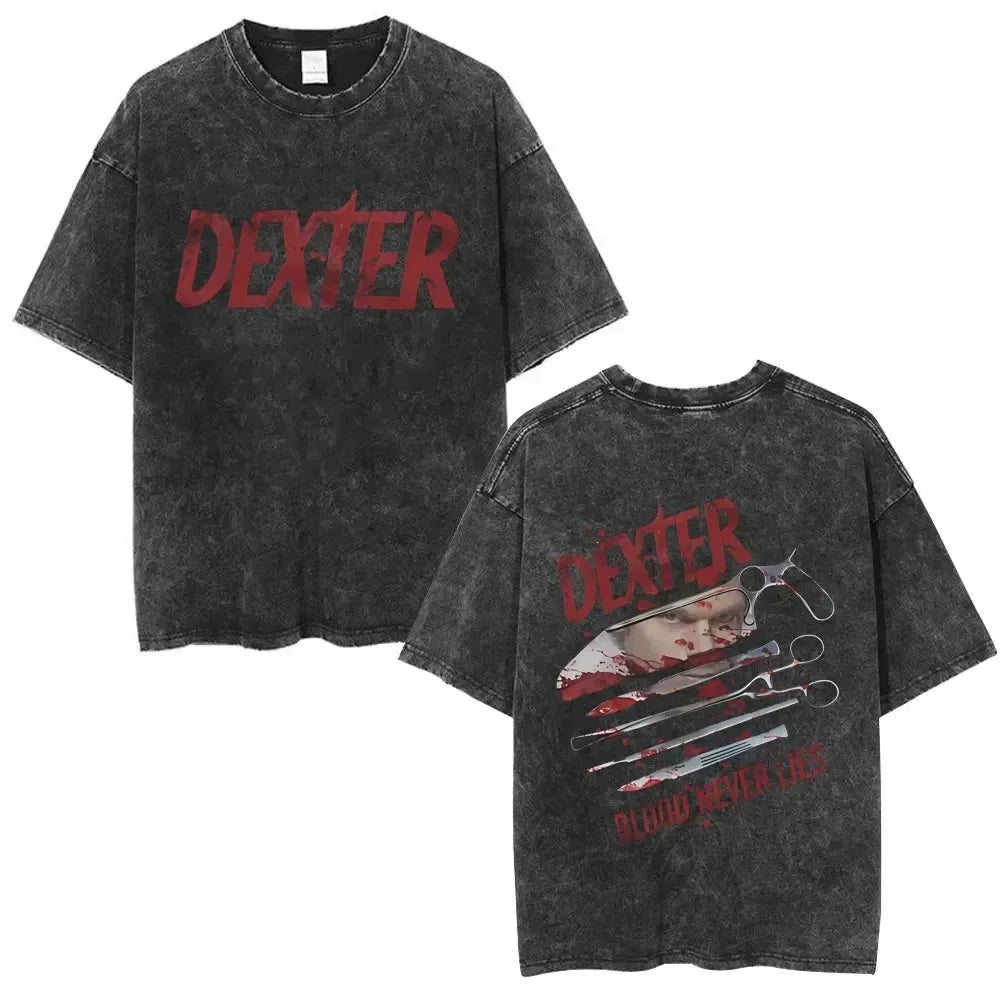 Classic TV Play Dexter Morgan Still Print T-shirt Vintage Washed Cotton Men Women Oversized Summer New Tee Casual Oversized Tops