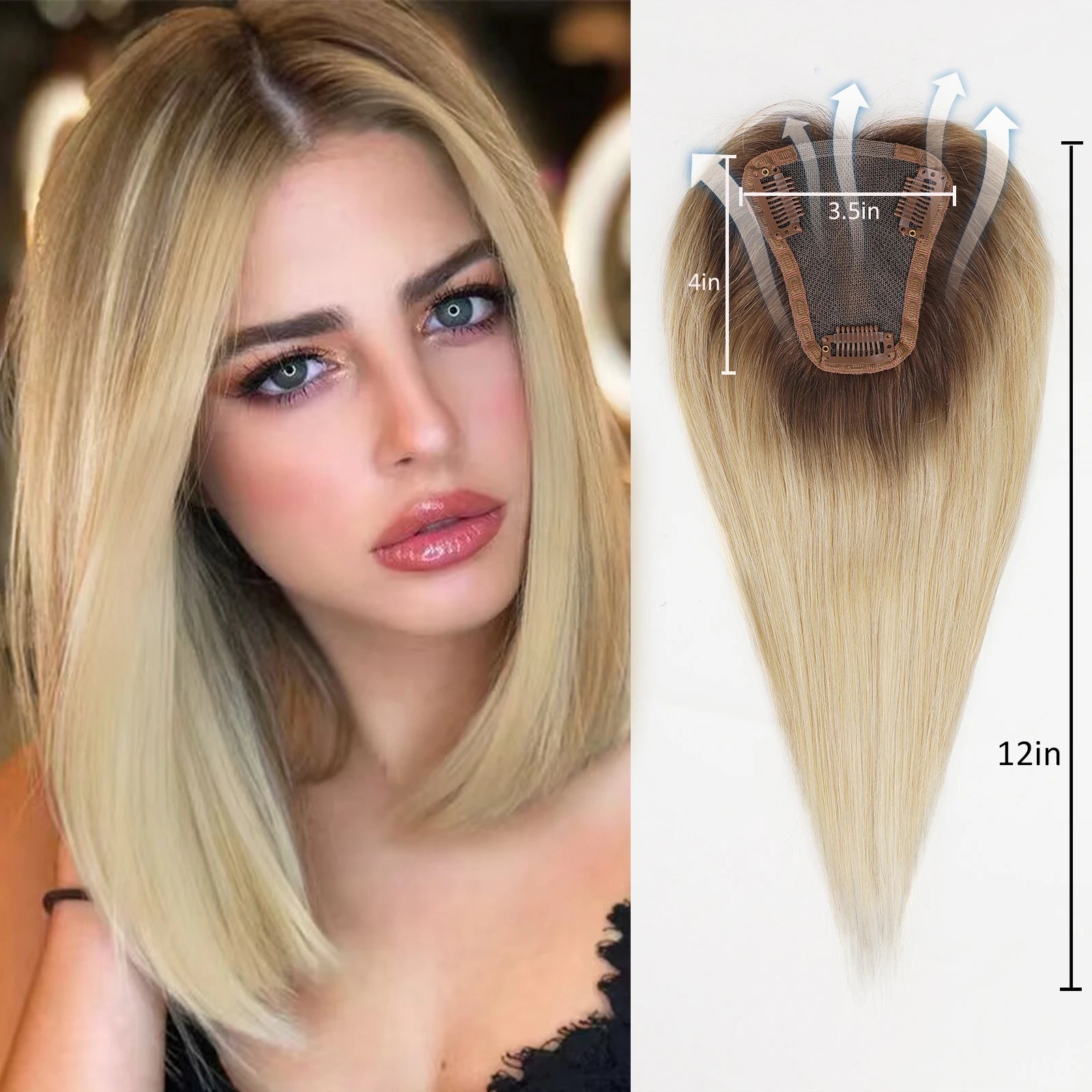 100% Remy Human Hair Toppers Ombre Light Brown Blonde Middle Part Human Hair Pieces for Women with Thinning Hair Clip in Toppers
