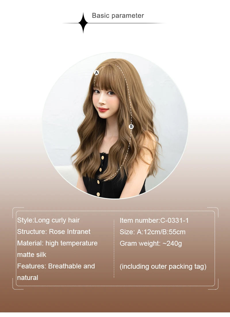7JHH WIGS Body Wavy Wig Long Loose Curly Brown Wig for Women Daily Use High Density Synthetic Layered Hair Wigs with Bangs