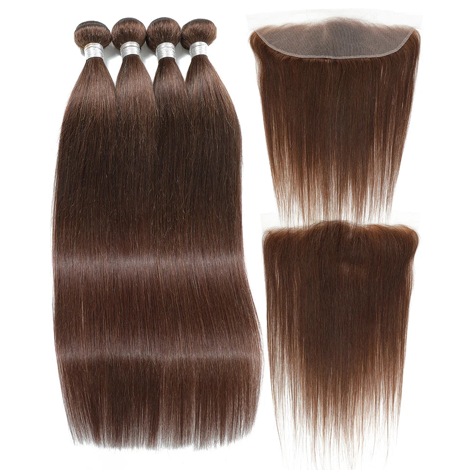 Clearance Cheap #4 Color Straight Human Hair Bundles With Closure Brazilian Virgin Human Hair Weave Bundles With HD Lace Closure