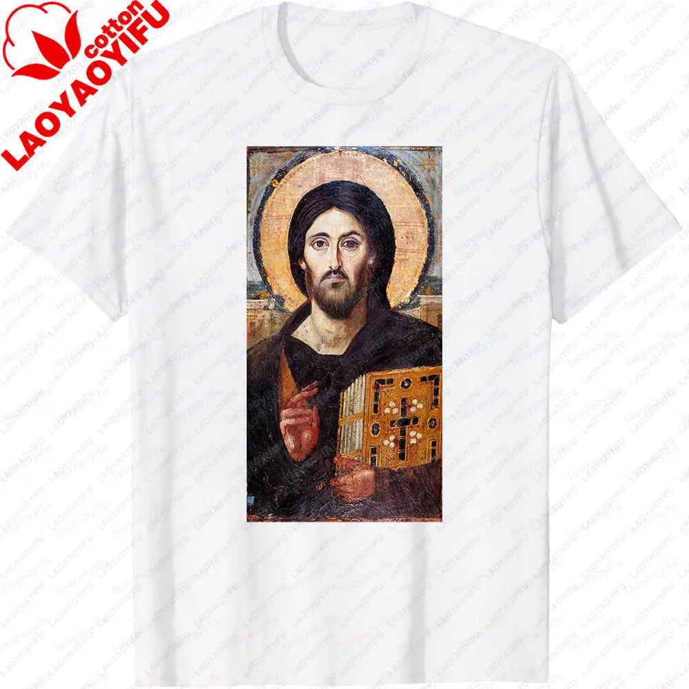 Jesus Christ Pantocrator Icon Sinai Orthodox Christian Man Gift Printed T-Shirt Summer Women Short Sleeve Cotton Unisex T Shirt