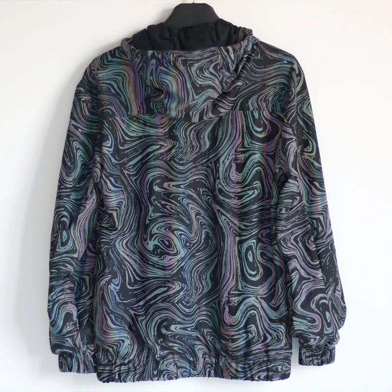 Drop shipping Holographic Reflective Jackets Men Techwear Night Walk Dance Hip Hop Breathable Hooded Coat Jaqueta Masculina