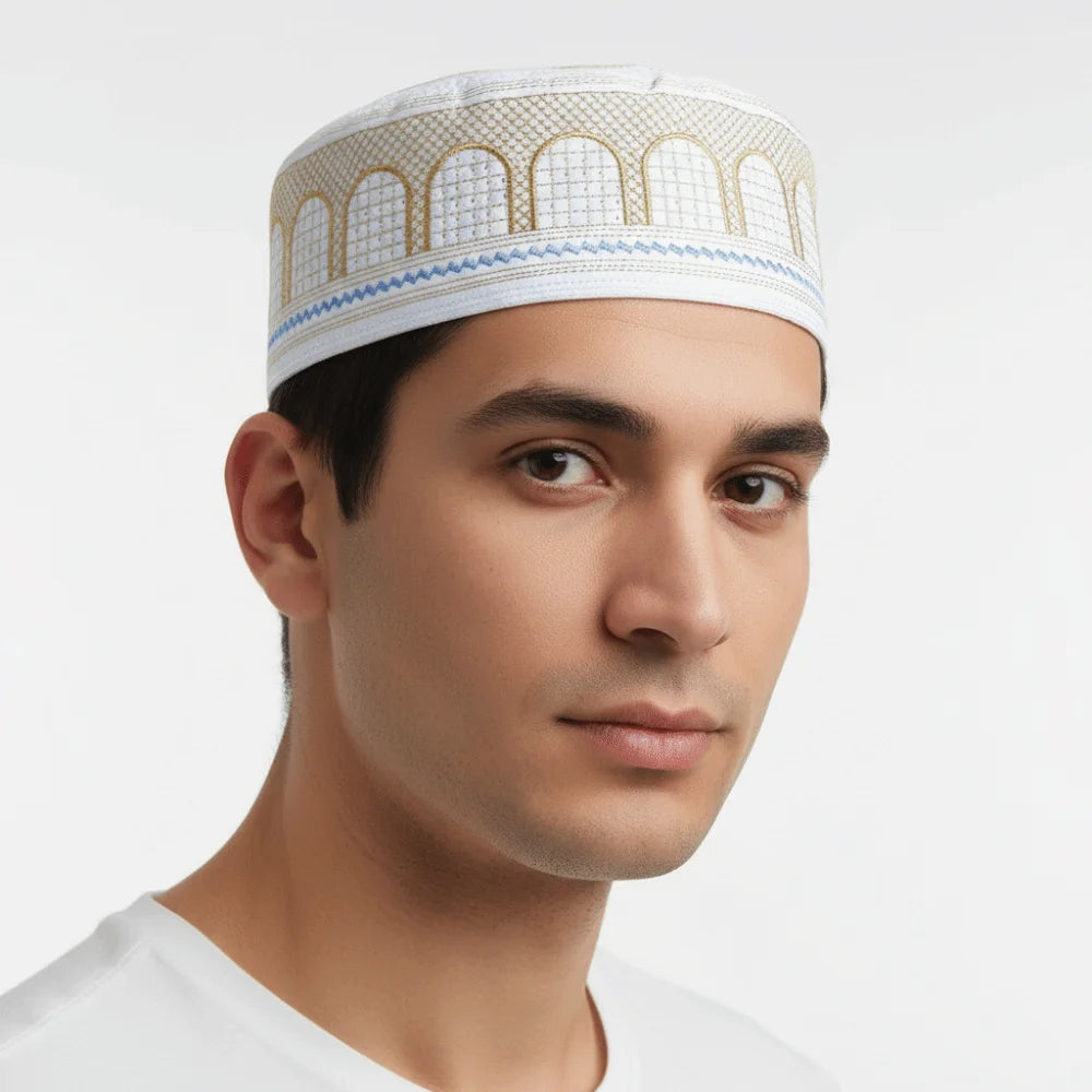 New Traditional Muslim Hat Embroidery Design Round Shape Prayer Hat Saudi Arabian Style Cotton Islamic Cap Prayer Use