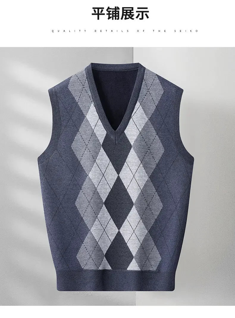 Fashion Vintage Winter Argyle Elastic Sweaters Vest Plus Fleece Thermal V-neck Sleeveless Loose Knitted Comfortable Pullover Top