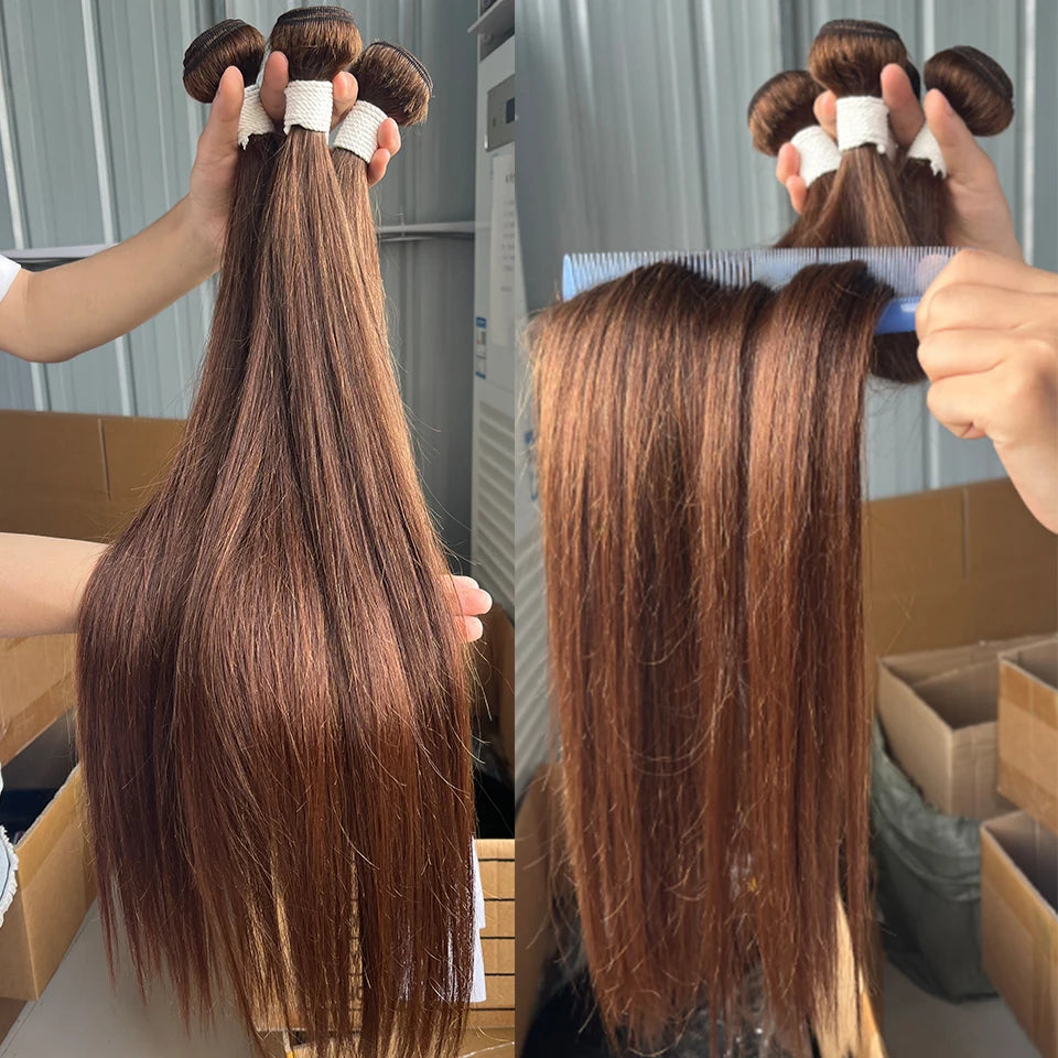 Clearance Cheap #4 Color Straight Human Hair Bundles With Closure Brazilian Virgin Human Hair Weave Bundles With HD Lace Closure