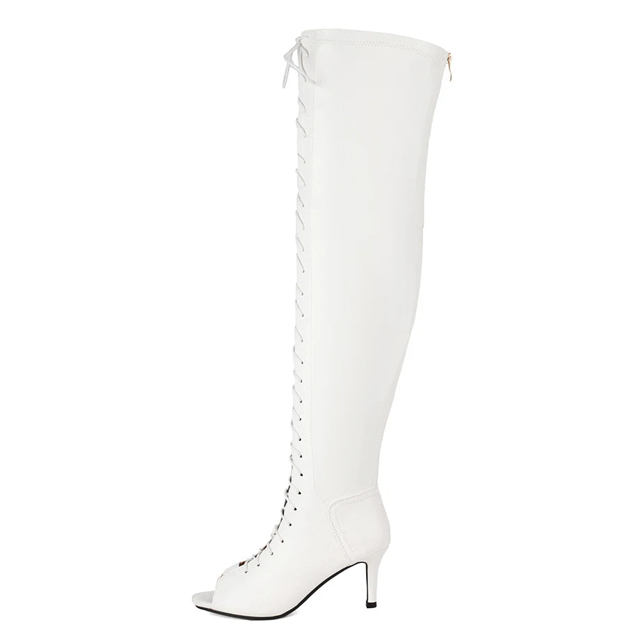 Fashion Party Women's Dance Shoes Sexy Thin High Heels Open Toe Cool Boot Summer Latin Jazz Ballroom Cross Straps Thigh Boots