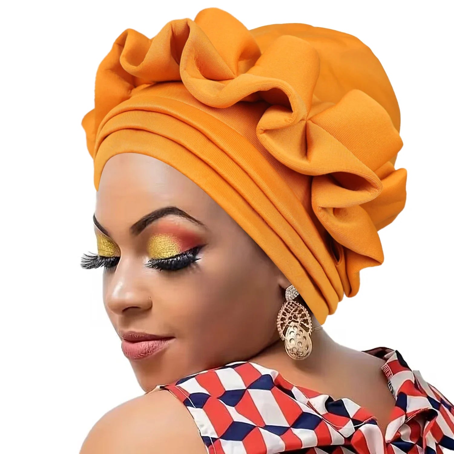 New Raw Silk Pleated Turban Cap for Women African Female Head Wraps Nigeria Lady Headwear Hat Wedding 3-layer Brim Headtie Gift