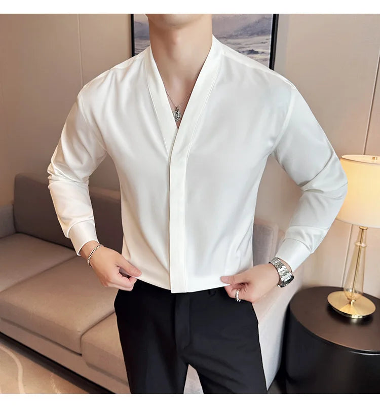 High Quality Collarless Shirts Men Fashion Slim Fit Long Sleeve Casual Shirts Business Office Social Formal Shirt Men Clothig