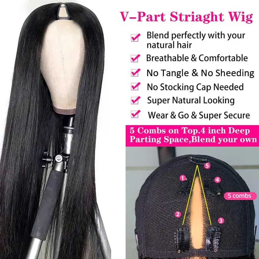 FRIZIRA kinky Straight V Part Brazilian Virgin Human Hair Wigs Glueless Upgrade U Part Wig Glueless V Shape Wig Natural Black