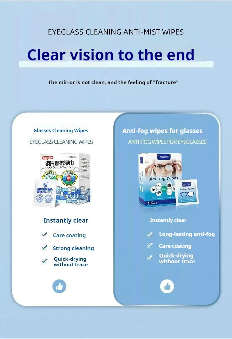 100Pcs/Box Glasses Cleaner Wet Wipe Disposable Anti Fog Misting Dust Remover Cleaning Lens Wipes Sunglasses Phone Screen