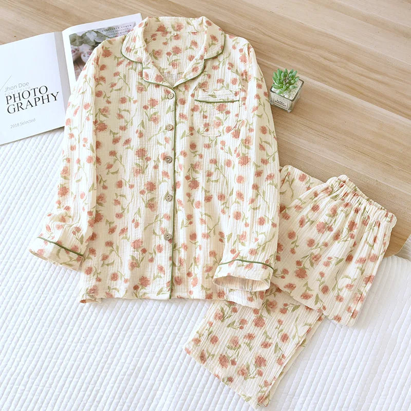 2026 Japanese New Spring and Autumn Women's Pajama Set 100% Cotton Gauze Long Sleeve Casual Home Clothes Two Piece Set